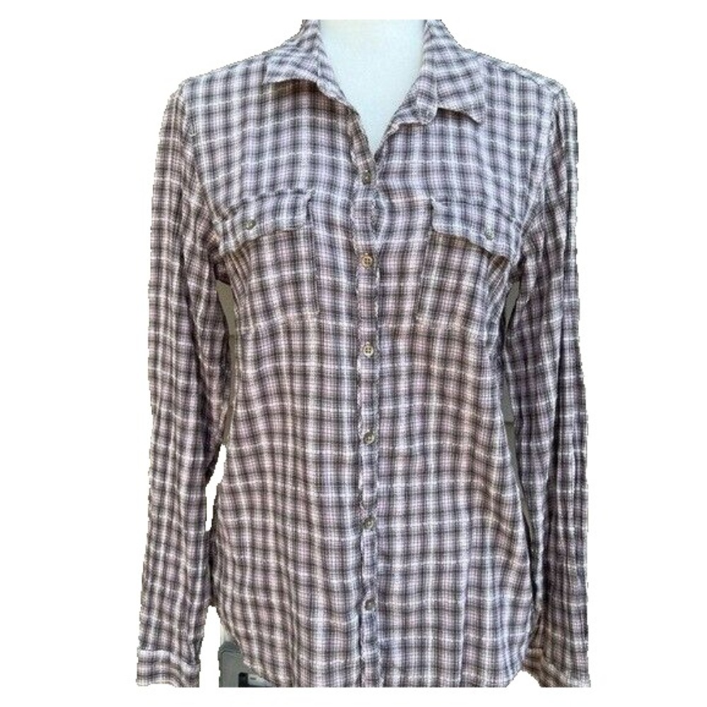 Eddie Bauer purple plaid cotton flannel button down shirt size M gauze A000178